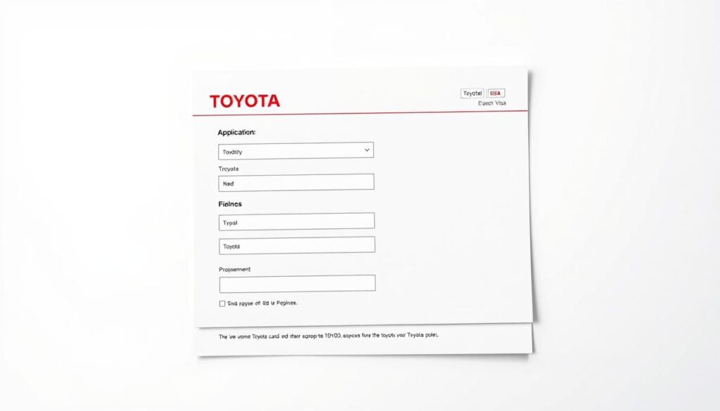 A sleek and modern digital application form for the Toyota Visa credit card, displayed on a minimalist white background. The form features clean lines, well-spaced fields, and a prominent Toyota logo in the header. The overall aesthetic is professional, inviting, and easy to navigate, reflecting the high-quality and reliable nature of the Toyota brand. Soft shadows and subtle highlights create depth and dimension, while the carefully chosen color palette of blues and grays conveys a sense of trust and dependability. The layout is balanced and intuitive, guiding the viewer through the application process with clarity and efficiency.