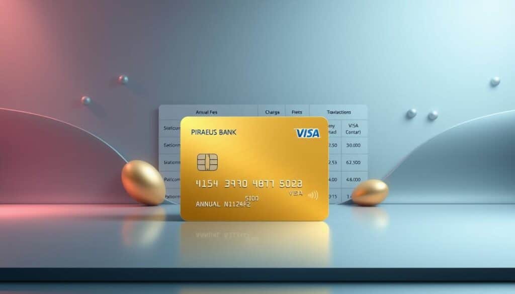 A sleek and modern digital illustration showcasing the key charges and fees associated with the Piraeus Bank Visa Gold card. The image should feature a clean, minimalist layout with a cool, metallic color palette. In the foreground, display a stylized representation of the Visa Gold card, highlighting its premium design and branding. In the middle ground, present a neatly organized table or infographic detailing the various card-related charges, such as annual fees, transaction fees, and other service costs. Use clear, legible typography to convey this information. In the background, include subtle textural elements and abstract shapes that evoke a sense of financial security and sophistication. Employ dynamic lighting and camera angles to give the image a dynamic, professional feel, reflecting the target audience of discerning Piraeus Bank customers.