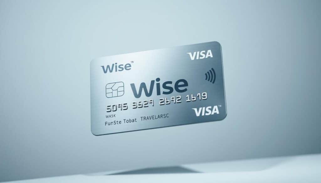 A sleek, metallic Wise Visa card, its surface gleaming under soft, directional lighting, casting subtle shadows that accentuate its contoured design. The card hovers against a minimalist, blurred background, conveying a sense of global reach and universal acceptance. The card's elegant curves and embossed logo evoke a premium, high-tech aesthetic, while its multiple currency symbols suggest its versatility for international travelers. The composition is balanced, with the card occupying the central focus, surrounded by a sense of vast, borderless opportunity.