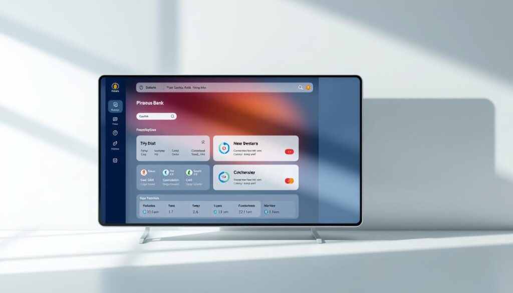 A sleek, modern banking interface showcasing the upcoming changes and updates to the Piraeus Bank Classic product. In the foreground, a clean and intuitive dashboard displays key information and customizable widgets. The middle ground features smooth transitions between different sections, highlighting new features and enhancements. In the background, a subtle geometric pattern in the bank's signature colors creates a sense of depth and professionalism. Soft, directional lighting illuminates the scene, creating shadows that add depth and dimension. The overall mood is one of progress, innovation, and a commitment to providing an exceptional user experience for Piraeus Bank's customers.