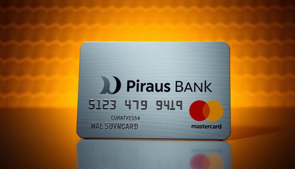 A sleek, modern credit card with the Piraeus Bank logo prominently displayed on a shiny metallic surface. The card is surrounded by a soft, ambient glow, giving it a sense of sophistication and security. In the background, a subtly textured pattern evokes the notion of protection and safeguarding. The lighting is warm and directional, creating depth and highlighting the card's design elements. The overall composition conveys a sense of trust, reliability, and the secure international usage of the Piraeus Mastercard Standard.
