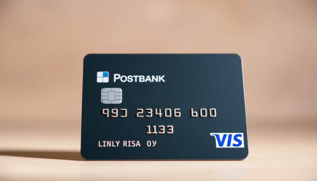A sleek, modern-looking Greek Postbank Visa credit card, captured in a high-quality close-up shot with a shallow depth of field. The card is shown against a minimalist, neutral-toned background, allowing the design and details to take center stage. The lighting is soft and diffused, creating a warm, inviting atmosphere. The card's surface reflects the light subtly, highlighting its smooth, premium texture. The overall composition emphasizes the card's practicality and everyday usability, conveying a sense of accessibility and convenience for daily purchases.