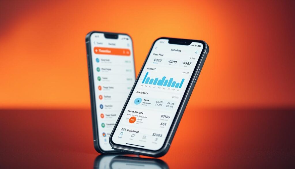 A sleek, modern smartphone displaying an intuitive mobile banking app interface. The app's user-friendly design allows for seamless account management, transaction tracking, and real-time balance updates. In the foreground, the app's main menu showcases options for bill payments, fund transfers, and access to loyalty program information. The middle ground features interactive charts and graphs visualizing spending patterns and reward points accumulated. The background subtly blends warm tones, suggesting a sense of financial security and control. Crisp, high-resolution imagery and clean, minimalist aesthetics convey the efficiency and convenience of managing one's finances through a dedicated mobile application.