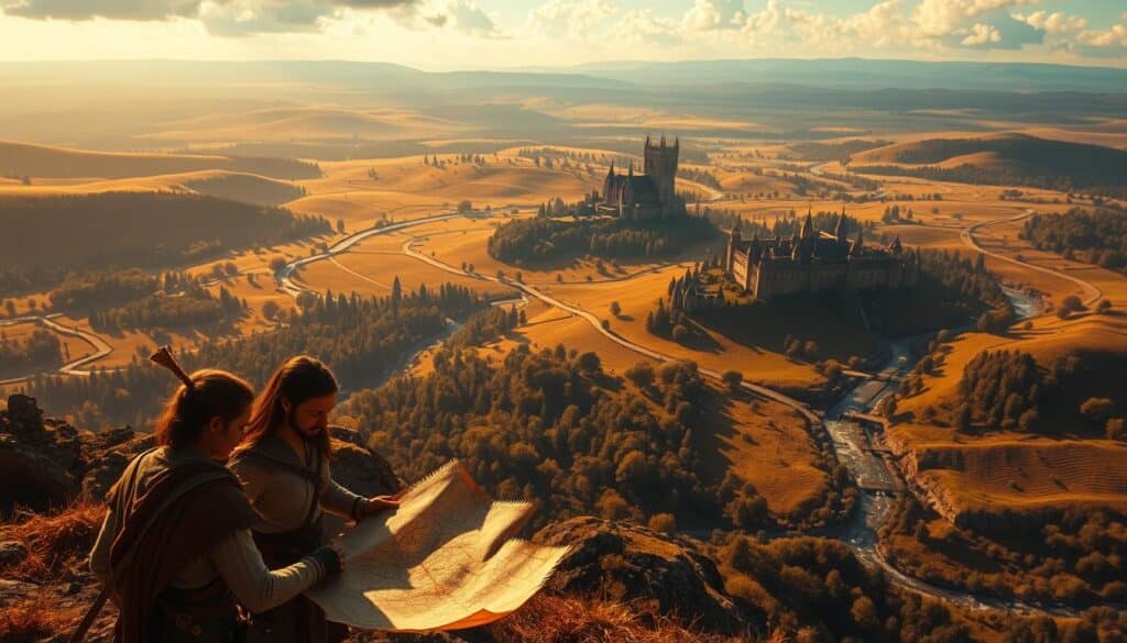 A sprawling medieval landscape unfolds, bathed in warm, golden sunlight. In the foreground, a group of adventurers gathers, poring over a worn parchment map, their expressions intense with focus. Intricate pathways wind through rolling hills, leading to a distant castle, its towers and spires casting long shadows. Forests teem with life, while a shimmering river cuts through the scene, reflecting the sky's brilliant hues. The air is thick with anticipation, hinting at the challenges and quests that await the brave souls who dare to explore this richly detailed world.