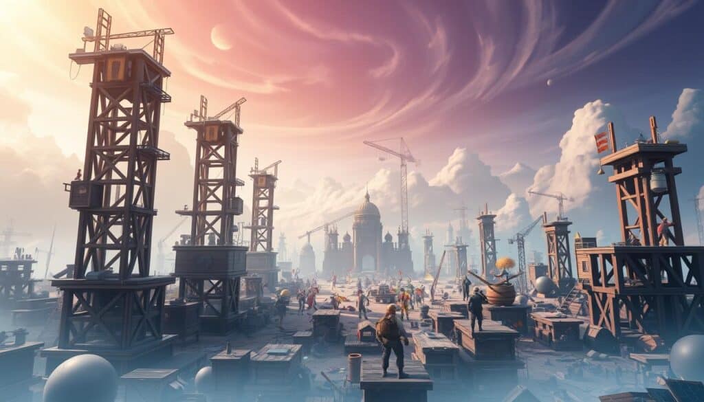 A strategic construction site with dynamic elements, featuring a sprawling Fortnite-inspired landscape. In the foreground, towering structures made of various materials (wood, metal, glass) rise up, showcasing intricate building techniques. The middle ground is occupied by a bustling hive of activity, with characters (both human and fantastical) engaged in the construction process, using a variety of tools and equipment. The background is shrouded in an atmospheric, almost mystical lighting, with swirling clouds and hints of a vibrant, colorful sky. The overall scene conveys a sense of creativity, ingenuity, and a fluid, ever-changing environment, reflecting the dynamism of Fortnite's building mechanics.
