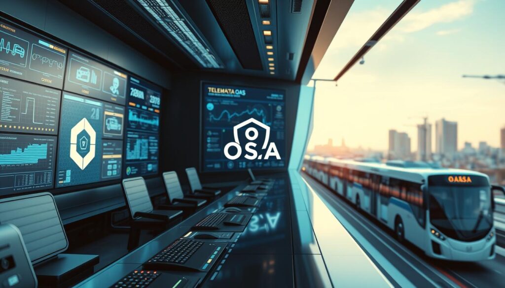 A striking visual representation of the "Ασφάλεια Μετακινήσεων με Telemática OASA" system, showcasing its secure and reliable nature. The image depicts a futuristic control center, with sleek, high-tech displays and interfaces. The foreground features a prominent OASA logo, subtly integrated into the overall design. The middle ground showcases various data visualizations and real-time vehicle tracking, conveying the system's advanced capabilities. In the background, a cityscape with modern public transportation modes sets the scene, highlighting the integration of Telemática into the urban landscape. The lighting is a combination of cool, blue hues and warm, amber tones, creating a sense of balance and professionalism. The overall composition and attention to detail evoke a sense of confidence and assurance in the safety and efficiency of the Telemática OASA system.