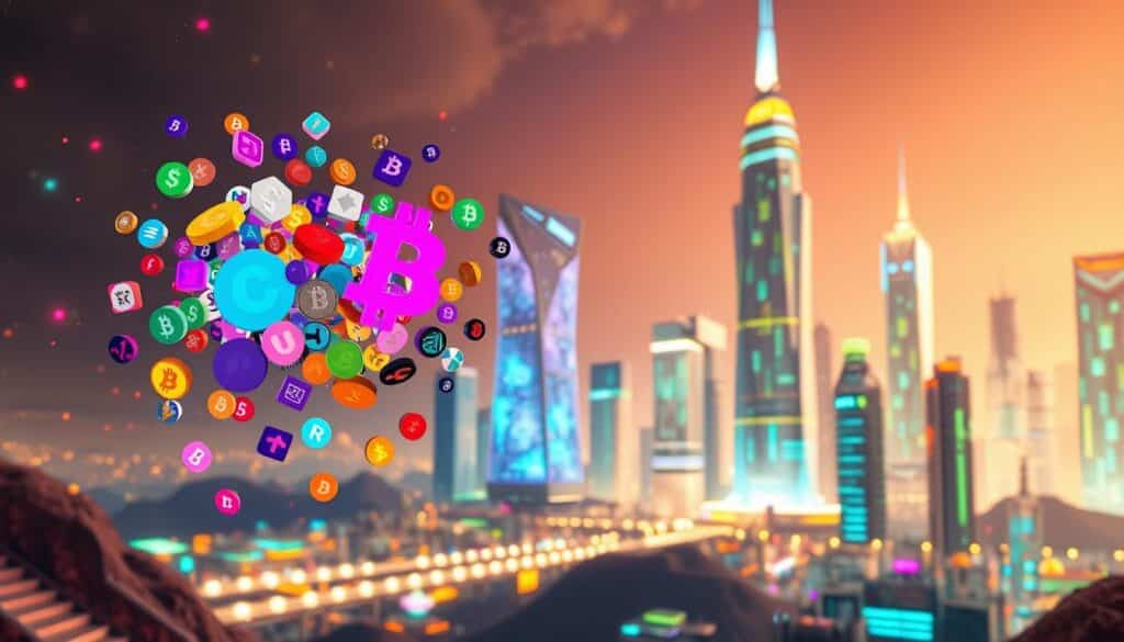 A surreal digital landscape where alternative currency applications converge. In the foreground, a cluster of colorful, abstract cryptocurrency symbols float and intersect, creating a captivating visual tapestry. The middle ground features a futuristic cityscape with towering holographic skyscrapers, their facades adorned with dynamic, ever-changing digital patterns. The background is bathed in a warm, glow-like lighting, evoking a sense of technological innovation and progress. The entire scene is imbued with a sense of wonder and mystique, inviting the viewer to explore the boundless possibilities of alternative financial technologies. A surreal digital landscape where alternative currency applications converge. In the foreground, a cluster of colorful, abstract cryptocurrency symbols float and intersect, creating a captivating visual tapestry. The middle ground features a futuristic cityscape with towering holographic skyscrapers, their facades adorned with dynamic, ever-changing digital patterns. The background is bathed in a warm, glow-like lighting, evoking a sense of technological innovation and progress. The entire scene is imbued with a sense of wonder and mystique, inviting the viewer to explore the boundless possibilities of alternative financial technologies.
