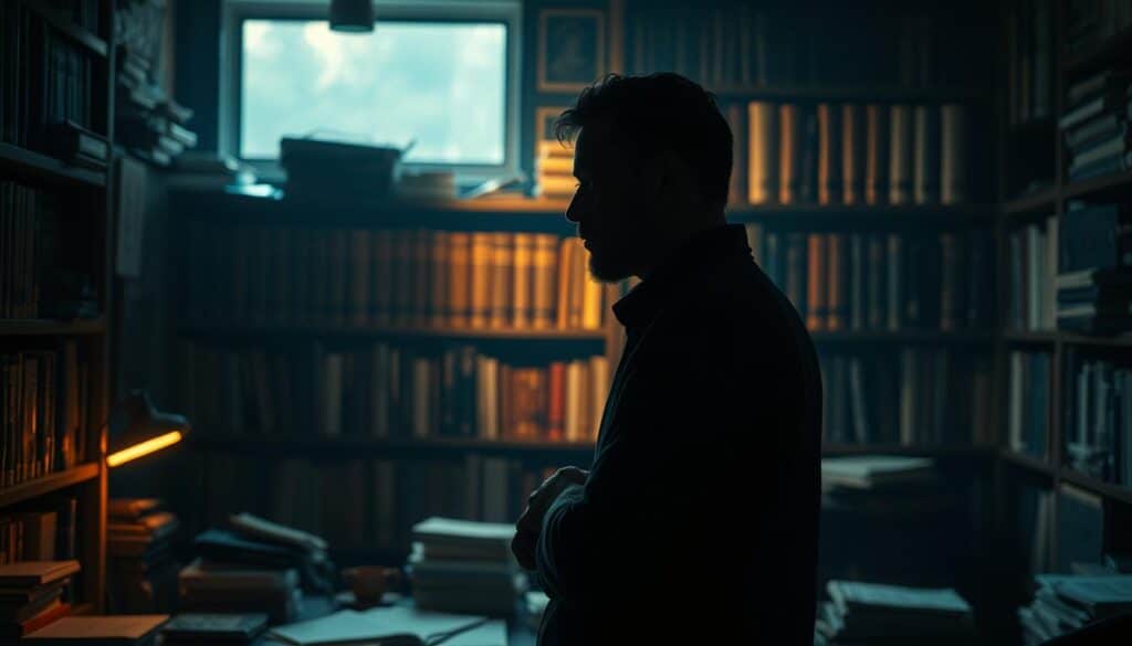 A thought-provoking scene of ethical considerations in translation. A philosopher stands in a dimly lit study, surrounded by books and papers, deep in contemplation. Soft, warm lighting casts intriguing shadows, evoking a pensive atmosphere. The foreground features the philosopher's silhouette, lost in concentration, while the background reveals shelves filled with multilingual tomes, hinting at the complexities of cross-cultural communication. The composition suggests the weight of the translator's responsibility, balancing accuracy, nuance, and cultural sensitivity. An air of intellectual gravitas pervades the scene, inviting the viewer to engage with the nuances of ethical translation practices. A thought-provoking scene of ethical considerations in translation. A philosopher stands in a dimly lit study, surrounded by books and papers, deep in contemplation. Soft, warm lighting casts intriguing shadows, evoking a pensive atmosphere. The foreground features the philosopher's silhouette, lost in concentration, while the background reveals shelves filled with multilingual tomes, hinting at the complexities of cross-cultural communication. The composition suggests the weight of the translator's responsibility, balancing accuracy, nuance, and cultural sensitivity. An air of intellectual gravitas pervades the scene, inviting the viewer to engage with the nuances of ethical translation practices.