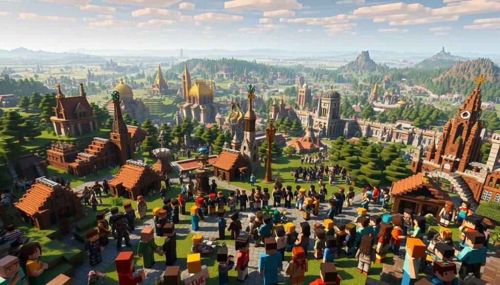 A vibrant Minecraft community, bustling with activity. In the foreground, players gather around a central meeting area, their blocky avatars engaged in lively discussions and collaborative projects. The middle ground features an array of creatively constructed structures, ranging from cozy homes to towering monuments, all reflecting the diverse architectural styles of the community. In the background, a sprawling landscape unfolds, with rolling hills, dense forests, and the distinctive cubes of Minecraft's terrain. The scene is illuminated by a warm, golden glow, casting a welcoming atmosphere over the entire community. The image captures the spirit of creativity, collaboration, and endless possibilities that define the Minecraft experience.