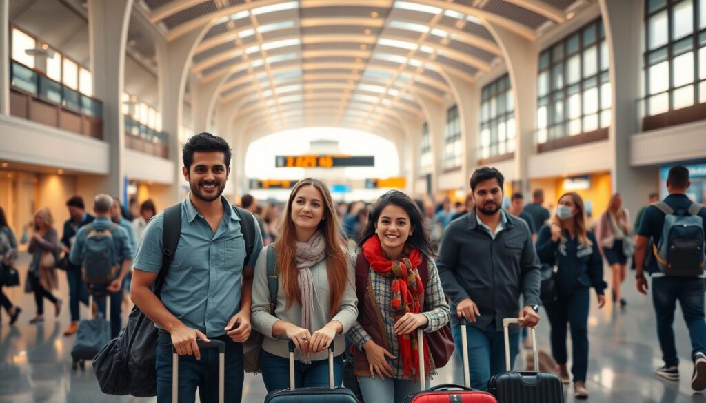 A vibrant image of international travel, showcasing a bustling airport terminal with passengers navigating through the modern, well-lit space. In the foreground, a family of four stand with their luggage, expressions of excitement and anticipation on their faces. The middle ground features a diverse mix of business travelers, backpackers, and vacationers, all moving with a sense of purpose. The background is filled with sleek, high-ceilings and grand architectural elements, creating a sense of scale and grandeur. The lighting is warm and natural, casting a soft glow throughout the scene. The overall atmosphere conveys a dynamic, cosmopolitan vibe, capturing the energy and excitement of global exploration. A vibrant image of international travel, showcasing a bustling airport terminal with passengers navigating through the modern, well-lit space. In the foreground, a family of four stand with their luggage, expressions of excitement and anticipation on their faces. The middle ground features a diverse mix of business travelers, backpackers, and vacationers, all moving with a sense of purpose. The background is filled with sleek, high-ceilings and grand architectural elements, creating a sense of scale and grandeur. The lighting is warm and natural, casting a soft glow throughout the scene. The overall atmosphere conveys a dynamic, cosmopolitan vibe, capturing the energy and excitement of global exploration.