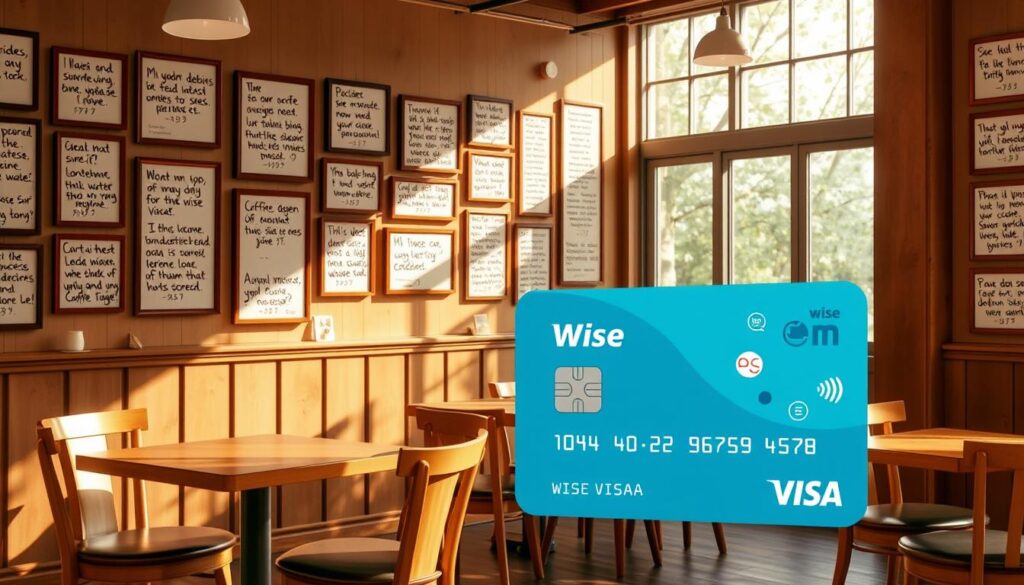 A warm, inviting coffee shop interior, with wooden tables and chairs, and a cozy, casual atmosphere. The walls are covered in framed user reviews for Wise Visa, handwritten in various languages, reflecting the diverse backgrounds of the customers. Soft, diffused lighting creates a welcoming ambiance, with sunlight streaming in through large windows. In the foreground, a stylized illustration of the Wise Visa card takes center stage, surrounded by icons and symbols representing the card's features and benefits. The overall scene conveys a sense of trust, reliability, and a community of satisfied users.