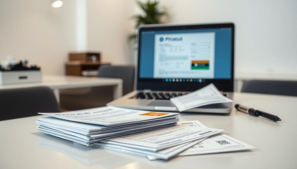 A well-lit, high-resolution image showcasing the necessary documentation for a Piraeus Miles & More Visa Gold card application. In the foreground, a stack of official forms, IDs, and receipts neatly arranged on a clean, neutral-colored surface. The middle ground features an open laptop displaying the online application interface, conveying the digital aspect of the process. The background subtly blurs into a softly lit office setting, suggesting a professional, administrative atmosphere. The overall composition and lighting create a sense of organized efficiency, guiding the viewer's attention to the key elements required for a successful application.