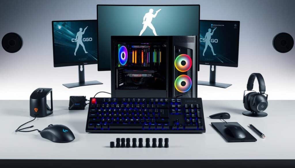A well-organized and meticulously detailed image showcasing the recommended equipment and settings for competitive Counter-Strike: Global Offensive gameplay. Featuring a sleek and minimal design, the image should highlight a selection of essential peripherals, including a high-DPI gaming mouse, a mechanical keyboard with customizable keycaps, and a professional-grade headset with noise-cancelling capabilities. The middle ground should display a high-end gaming PC with advanced hardware components, such as a powerful GPU, a liquid cooling system, and customizable RGB lighting. The background should depict a clean, minimalist workspace with a large, high-resolution monitor, providing a visually appealing and inspirational setting for the CS:GO enthusiast. The overall mood should convey a sense of professionalism, focus, and dedication to the competitive gaming experience.