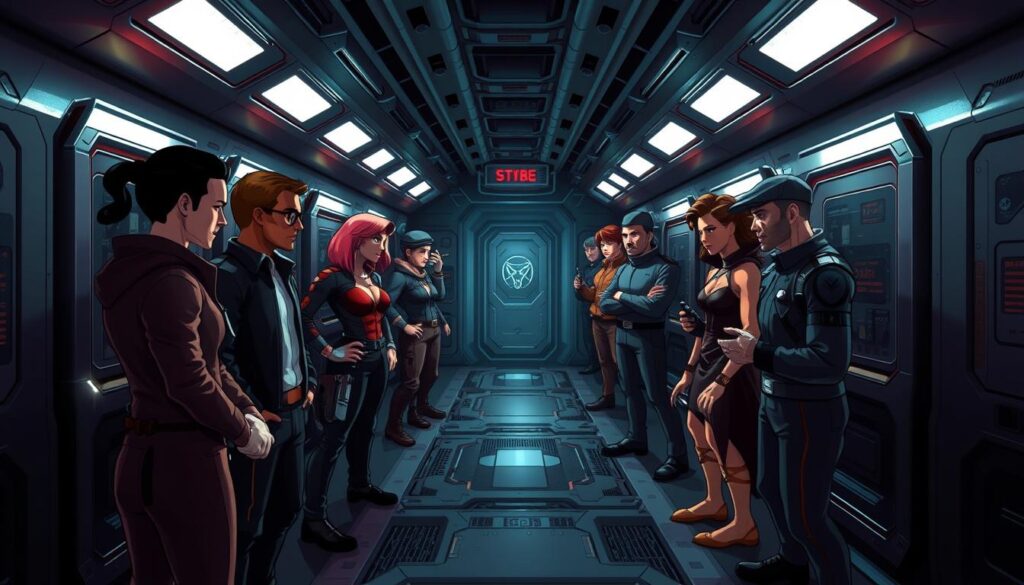 An intensely strategic multiplayer game of social deduction, with crewmates and impostors locked in a tense battle of wits and subterfuge. In the dimly lit corridors of the Among Us spaceship, players must navigate a maze of suspicion, gathering clues, analyzing behaviors, and making critical decisions to uncover the hidden traitors in their midst. The scene is rendered with a striking blend of realism and stylized, cartoony elements, capturing the game's distinct visual aesthetic. Moody lighting casts dramatic shadows, while the sleek, metallic environment exudes a sense of foreboding and high-stakes confrontation. The figures of the playable characters are depicted with exaggerated, expressive poses, their distinctive costumes and accessories lending a touch of personality to the strategic gameplay.