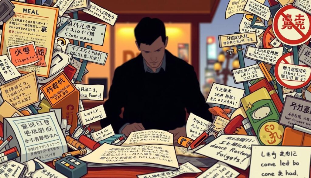 An intricate illustration showcasing common translation mistakes, captured through a stylized, digital art lens. In the foreground, a jumbled assortment of everyday items - a menu, a street sign, a product label - each transformed by erroneous translations, their intended meanings lost in translation. The middle ground features a shadowy figure, a translator struggling to navigate the complexities of cross-cultural communication. In the background, a cityscape blurs, hinting at the broader context in which these translation mishaps occur. The lighting is warm yet subdued, creating a contemplative mood that invites the viewer to ponder the nuances and pitfalls of the translation process. The overall composition conveys the importance of precision and cultural awareness when translating content, especially in the context of a menu translation article. An intricate illustration showcasing common translation mistakes, captured through a stylized, digital art lens. In the foreground, a jumbled assortment of everyday items - a menu, a street sign, a product label - each transformed by erroneous translations, their intended meanings lost in translation. The middle ground features a shadowy figure, a translator struggling to navigate the complexities of cross-cultural communication. In the background, a cityscape blurs, hinting at the broader context in which these translation mishaps occur. The lighting is warm yet subdued, creating a contemplative mood that invites the viewer to ponder the nuances and pitfalls of the translation process. The overall composition conveys the importance of precision and cultural awareness when translating content, especially in the context of a menu translation article.