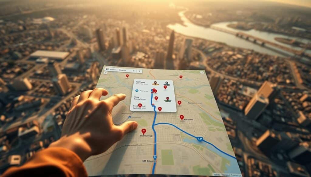 Vista aérea detallada de la interfaz de Google Maps, mostrando la creación y el guardado de rutas personalizadas. Se muestra un paisaje urbano en 3D con diversos puntos de referencia y accidentes geográficos. En primer plano, las manos del usuario interactúan con el mapa, trazando una ruta y añadiendo puntos intermedios. En el plano medio se muestran las herramientas de creación de rutas y las opciones del menú, con una iconografía clara y un diseño de interfaz intuitivo. El fondo presenta un paisaje urbano atmosférico, con iluminación cálida, sombras suaves y una sensación de profundidad. Transmite una sensación de productividad y concentración, con una estética profesional y cuidada, ideal para un tutorial o guía tecnológica. Detailed aerial view of a Google Maps interface showcasing the creation and saving of custom routes. Prominently display a 3D city landscape with various landmarks and terrain features. In the foreground, a user's hands interacting with the map, tracing out a route and adding waypoints. The middle ground should depict the route-building tools and menu options, with clean iconography and intuitive UI design. The background should feature an atmospheric cityscape, with warm lighting, soft shadows, and a sense of depth. Convey a productive, focused mood with a professional, polished aesthetic suitable for a technology tutorial or guide.
