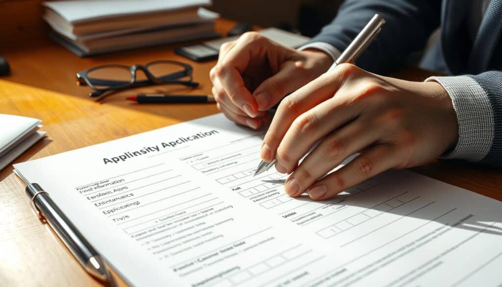 Detailed close-up shot of an applicant's hands filling out a university application form on a wooden desk. The form has fields for personal information, educational background, and enrollment details. A pen, glasses, and other office supplies are scattered on the desk, creating a sense of an official, administrative setting. Warm, natural lighting illuminates the scene, casting soft shadows and creating a focused, contemplative atmosphere. The composition emphasizes the act of application submission, conveying the importance and seriousness of the process. Detailed close-up shot of an applicant's hands filling out a university application form on a wooden desk. The form has fields for personal information, educational background, and enrollment details. A pen, glasses, and other office supplies are scattered on the desk, creating a sense of an official, administrative setting. Warm, natural lighting illuminates the scene, casting soft shadows and creating a focused, contemplative atmosphere. The composition emphasizes the act of application submission, conveying the importance and seriousness of the process.