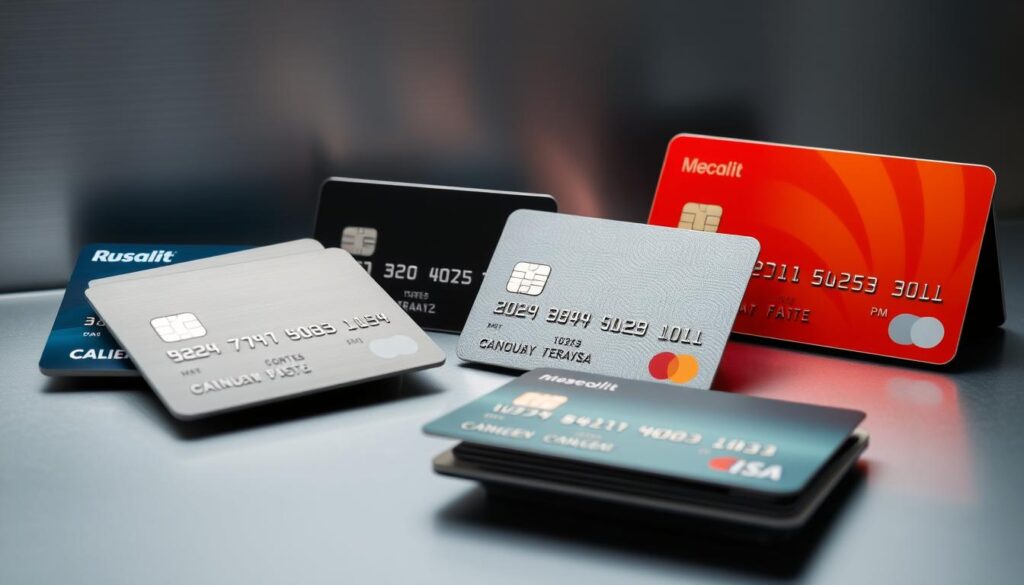 Detailed comparison of various credit cards, showcased against a sleek, metallic background with subtle highlights and shadows. Crisp, high-resolution images of different credit card designs, meticulously arranged in a visually striking layout. The scene exudes an air of sophistication and financial prowess, inviting the viewer to explore the nuances and benefits of these financial products. Lighting is carefully calibrated to emphasize the materiality and premium feel of the cards, creating a sense of exclusivity and luxury. The overall composition strikes a balance between informative clarity and aesthetic appeal, capturing the essence of the article's subject matter.