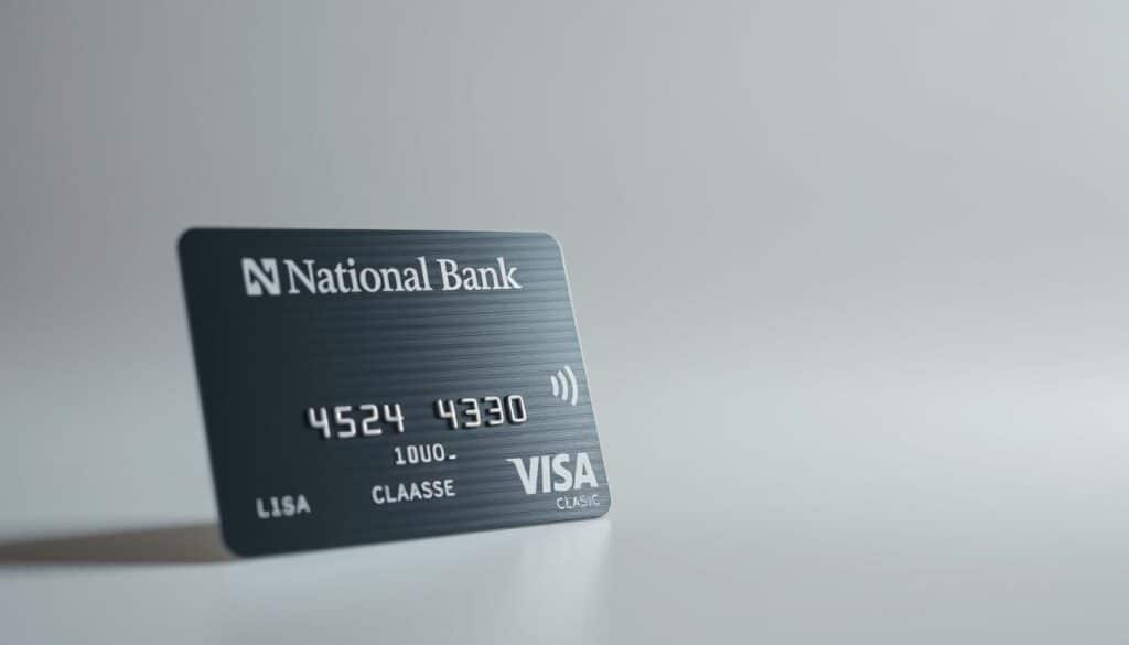 Elegant and modern banking experience: a close-up of a National Bank Visa Classic credit card, its sleek metallic surface gleaming under soft, directional lighting. The card is positioned prominently in the foreground, casting a subtle, reflective glow. In the middle ground, a minimalist, monochromatic background suggests a professional, financial setting. The overall mood is one of sophistication, convenience, and reliability - key attributes of the National Bank Visa Classic. Subtle gradients and depth-of-field blur create a sense of depth and draw the viewer's attention to the central subject. Elegant and modern banking experience: a close-up of a National Bank Visa Classic credit card, its sleek metallic surface gleaming under soft, directional lighting. The card is positioned prominently in the foreground, casting a subtle, reflective glow. In the middle ground, a minimalist, monochromatic background suggests a professional, financial setting. The overall mood is one of sophistication, convenience, and reliability - key attributes of the National Bank Visa Classic. Subtle gradients and depth-of-field blur create a sense of depth and draw the viewer's attention to the central subject.