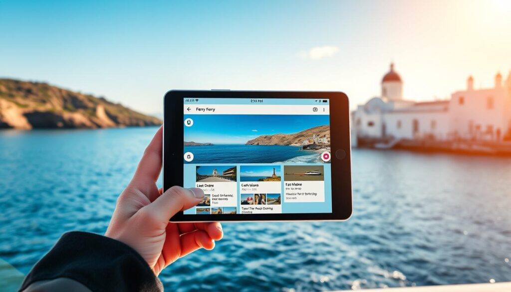 a well-designed ferry app interface with user experiences on a tablet or smartphone screen, set against a backdrop of picturesque island landscapes with clear blue skies, gently lapping waves, and traditional whitewashed buildings, lit by warm, natural sunlight, captured with a crisp, high-resolution camera lens, conveying a sense of ease and delight in island travel a well-designed ferry app interface with user experiences on a tablet or smartphone screen, set against a backdrop of picturesque island landscapes with clear blue skies, gently lapping waves, and traditional whitewashed buildings, lit by warm, natural sunlight, captured with a crisp, high-resolution camera lens, conveying a sense of ease and delight in island travel