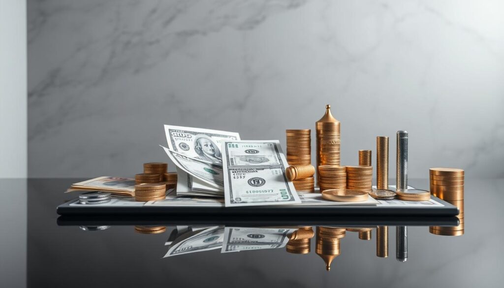 A beautifully curated portfolio of financial assets, with a clean, minimalist design. The background features a sleek, monochromatic color palette, with subtle textures and gradients to create a sense of depth and sophistication. In the foreground, a neatly arranged selection of investment instruments, such as stocks, bonds, and mutual funds, is displayed on a glossy, reflective surface, creating a visually striking and professional-looking composition. The lighting is soft and diffused, highlighting the details and textures of the various financial instruments, while maintaining a sense of balance and harmony throughout the scene. The overall atmosphere conveys a sense of careful planning, attention to detail, and financial acumen. A beautifully curated portfolio of financial assets, with a clean, minimalist design. The background features a sleek, monochromatic color palette, with subtle textures and gradients to create a sense of depth and sophistication. In the foreground, a neatly arranged selection of investment instruments, such as stocks, bonds, and mutual funds, is displayed on a glossy, reflective surface, creating a visually striking and professional-looking composition. The lighting is soft and diffused, highlighting the details and textures of the various financial instruments, while maintaining a sense of balance and harmony throughout the scene. The overall atmosphere conveys a sense of careful planning, attention to detail, and financial acumen.