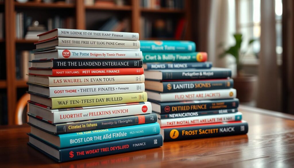 A beautifully curated stack of the most acclaimed personal finance books, artfully arranged on a warm wooden table. Soft, directional lighting casts a cozy glow, highlighting the diverse spines and covers. The foreground features a selection of bestselling titles, their vibrant designs catching the eye. In the middle ground, additional volumes stand tall, their wisdom and insights waiting to be discovered. The background subtly blurs, directing focus to the carefully selected works. An atmosphere of financial empowerment and self-improvement pervades the scene, inviting the viewer to explore these invaluable resources.