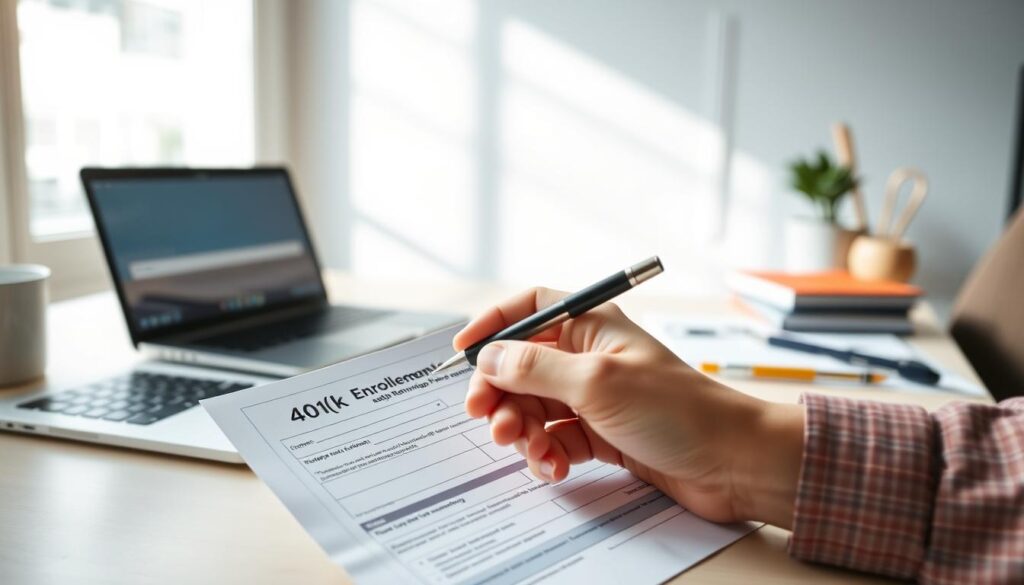A bright, modern office setting with a well-organized desk showcasing a laptop, notepad, and a stack of financial documents. In the foreground, a hand holding a pen hovers over a 401(k) enrollment form, highlighting the importance of employer-sponsored retirement plans. Soft, directional lighting illuminates the scene, creating a professional yet approachable atmosphere. The background features a stylized graph or chart, subtly conveying the growth and optimization of retirement savings. The overall composition should inspire a sense of financial responsibility and the empowerment of taking control of one's financial future. A bright, modern office setting with a well-organized desk showcasing a laptop, notepad, and a stack of financial documents. In the foreground, a hand holding a pen hovers over a 401(k) enrollment form, highlighting the importance of employer-sponsored retirement plans. Soft, directional lighting illuminates the scene, creating a professional yet approachable atmosphere. The background features a stylized graph or chart, subtly conveying the growth and optimization of retirement savings. The overall composition should inspire a sense of financial responsibility and the empowerment of taking control of one's financial future.