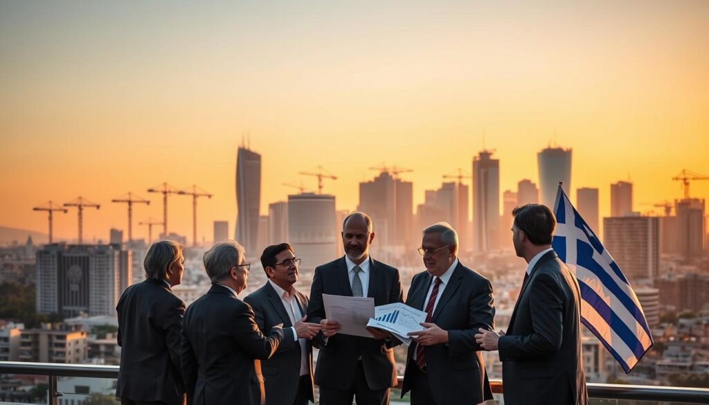 A bustling city skyline with modern high-rises and cranes dotting the horizon, reflecting the dynamism of Greece's economic landscape. In the foreground, a group of business professionals in suits are engaged in a lively discussion, gesturing towards charts and graphs, illustrating the flow of investments and financial strategies. The warm, golden light of the setting sun casts a sense of optimism and opportunity, capturing the essence of Greece's economic evolution. Subtle details, such as the Greek flag waving gently in the breeze, add a touch of national pride to the scene. The composition conveys a balance between tradition and progress, highlighting the country's potential for growth and prosperity.