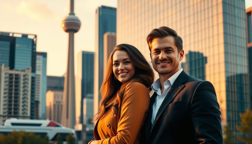 A bustling city skyline with the iconic CN Tower in the background, reflecting the vibrant energy of downtown Toronto. In the foreground, a stylish couple standing in front of a large, modern glass building, exuding an air of professionalism and financial success. Warm, golden lighting illuminates the scene, creating a sense of prosperity and opportunity. The couple's confident expressions and well-dressed attire suggest they are applying for a Scotiabank Scene+ Visa, a product designed for those seeking to maximize their financial and lifestyle benefits in Canada.