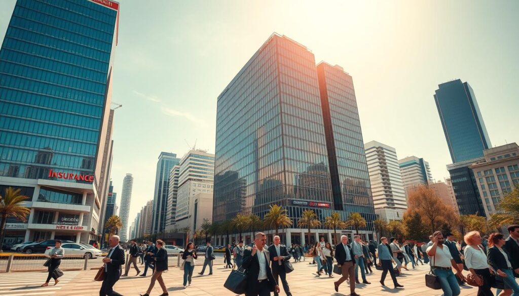 A bustling cityscape of Athens, Greece, with a central focus on the headquarters and offices of prominent insurance companies. Imposing modern high-rise buildings in sleek glass and steel, adorned with corporate logos and signage, stand as symbols of the thriving insurance industry. In the foreground, pedestrians hurry by, carrying briefcases and smartphones, reflecting the dynamic, fast-paced nature of the business. The sky is illuminated by warm, golden sunlight, casting long shadows and creating a sense of energy and productivity. The scene conveys the strength, stability, and professionalism of the Greek insurance sector.