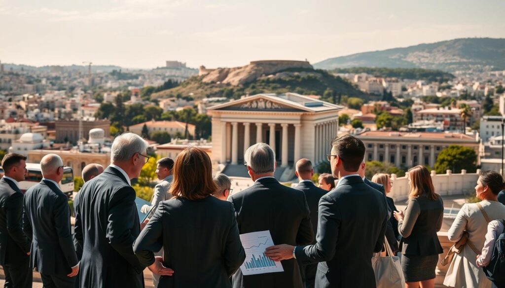 A bustling cityscape with a focus on the Greek government buildings, representing the heart of the country's fiscal policies. Sunlight casts warm hues across the scene, conveying a sense of stability and progress. In the foreground, a group of suited professionals engaged in lively discussions, gesturing towards charts and graphs that illustrate the nation's economic indicators. The middle ground features the iconic Hellenic Parliament building, its grand neoclassical architecture a symbol of democratic governance. In the background, a panoramic view of Athens' skyline, with the Acropolis rising majestically, serving as a timeless reminder of Greece's rich history and cultural heritage. The overall composition aims to capture the dynamic interplay between policymaking, economic data, and the broader societal context that shapes the country's fiscal landscape.
