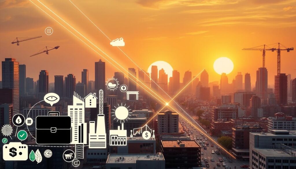 A bustling cityscape with multiple sources of income represented as streams of light converging from various directions. In the foreground, a diverse array of icons symbolizing different revenue streams - a briefcase, a laptop, a factory, a construction site, a farm, and more. The middle ground features high-rise buildings, cranes, and busy city streets, conveying a sense of urban dynamism. The background is illuminated by a warm, golden sunset, casting a soft, hopeful glow over the entire scene. The lighting is dramatic, creating a sense of depth and dimensionality. The overall composition suggests the idea of financial resilience through the cultivation of multiple income sources.