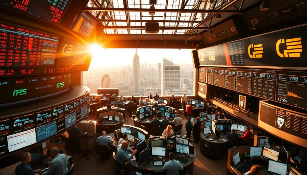 A bustling stock exchange floor, with traders and brokers engaged in lively transactions. The scene is illuminated by warm, natural lighting that filters through large windows, casting a golden glow over the activity. In the foreground, a network of digital screens displays real-time stock data and financial indicators, reflecting the dynamic nature of the market. The middle ground showcases the hustle and bustle of the trading desks, where individuals carefully monitor their transactions and make swift decisions. In the background, a panoramic view of the city skyline can be seen, symbolizing the interconnected global economy. The atmosphere is one of focused intensity, with a sense of energy and anticipation permeating the space. A bustling stock exchange floor, with traders and brokers engaged in lively transactions. The scene is illuminated by warm, natural lighting that filters through large windows, casting a golden glow over the activity. In the foreground, a network of digital screens displays real-time stock data and financial indicators, reflecting the dynamic nature of the market. The middle ground showcases the hustle and bustle of the trading desks, where individuals carefully monitor their transactions and make swift decisions. In the background, a panoramic view of the city skyline can be seen, symbolizing the interconnected global economy. The atmosphere is one of focused intensity, with a sense of energy and anticipation permeating the space.