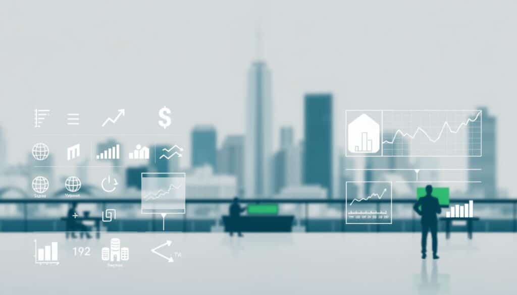 A clean, minimalist stock market infographic depicting the basic information about stocks. A muted color palette of grays, blues, and greens create a professional, analytical atmosphere. In the foreground, simple icons and diagrams illustrate fundamental stock concepts like share prices, trading volumes, and market trends. The middle ground features a stylized stock exchange floor with abstract traders and brokers. In the background, a blurred cityscape provides a subtle context, hinting at the larger economic landscape. Soft, diffused lighting casts an authoritative, data-driven mood, inviting the viewer to delve into the complexities of the stock market.