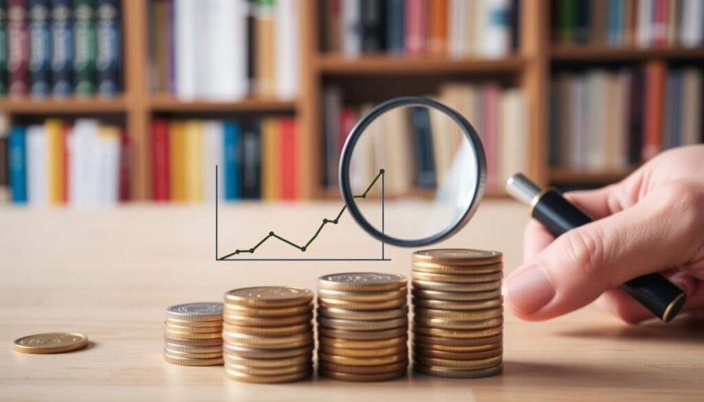 A clear, well-lit scene depicting the investing basics for beginners. In the foreground, a stack of coins representing financial assets, with a simple chart or graph overlaid, showcasing key investment concepts like diversification, risk, and returns. In the middle ground, a hand holding a magnifying glass, symbolizing the careful analysis and research required. In the background, a bookshelf filled with finance-related books, conveying the importance of education and knowledge. The overall mood should be one of thoughtfulness, simplicity, and approachability, encouraging the viewer to engage with the fundamental principles of investing.