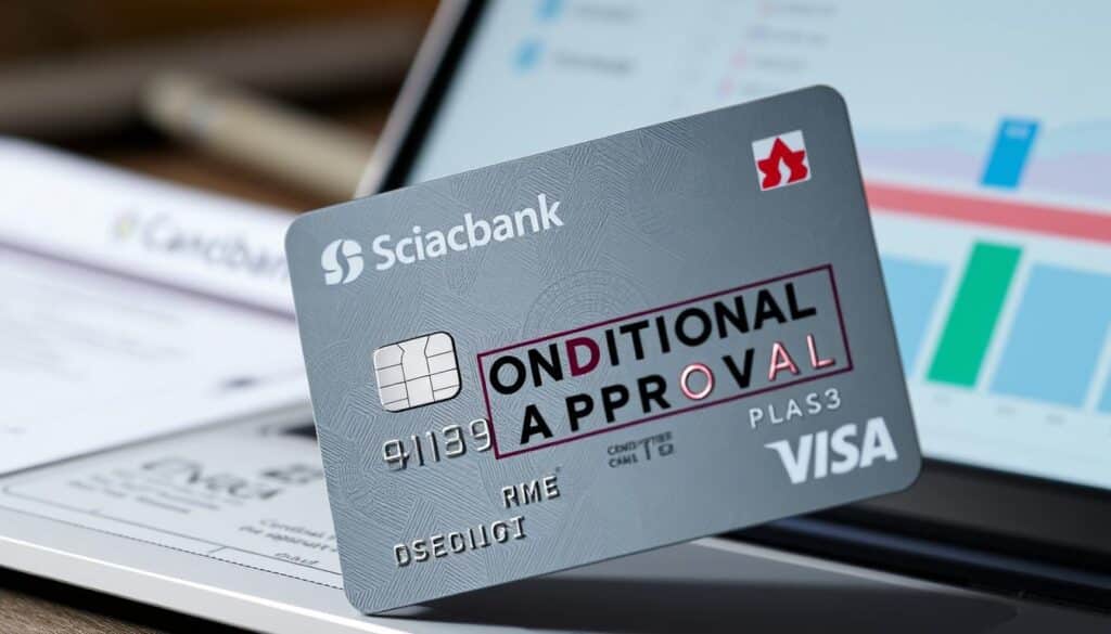 A close-up view of a Scotiabank Passport Visa Infinite credit card against a blurred background of financial documents and a laptop screen. The card is positioned at a slight angle, capturing the intricate holographic design and the "Conditional Approval" stamp prominently displayed on its surface. The lighting is soft and directional, casting gentle shadows that accentuate the card's texture and metallic finish. The overall mood is one of professionalism and attention to detail, reflecting the process of obtaining a conditional approval for this financial product.