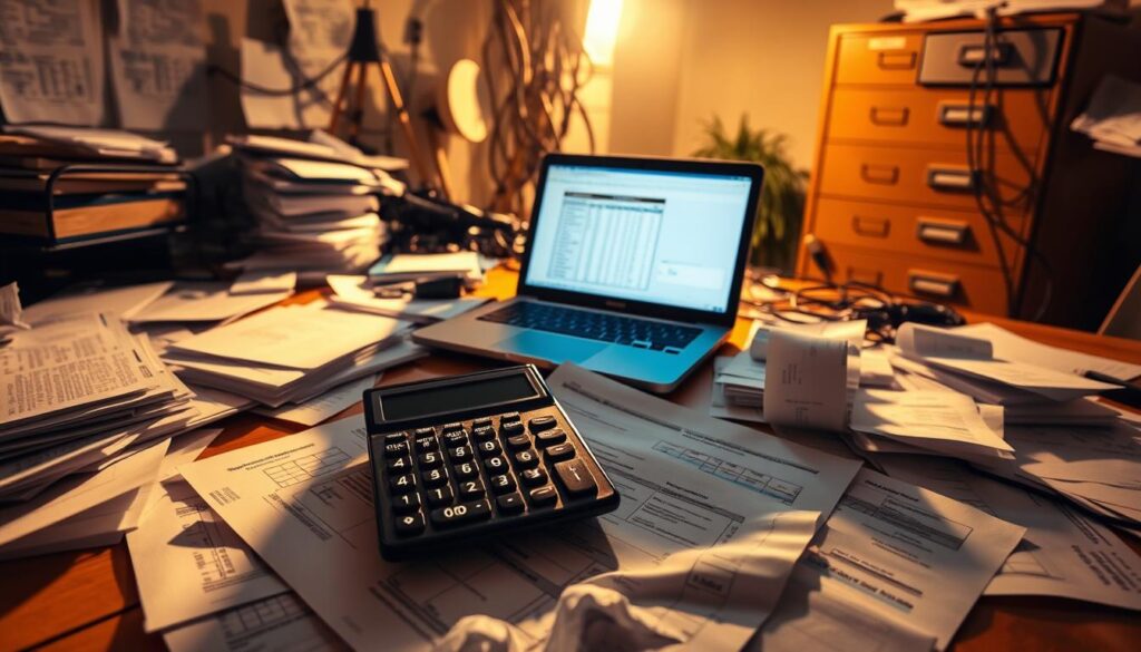 A cluttered office desk with disorganized papers, receipts, and tax forms strewn about, casting long shadows under the warm, incandescent lighting. In the foreground, a calculator sits atop a crumpled tax return, highlighting the common mistakes taxpayers make. The middle ground features a laptop displaying complex tax calculations, while the background showcases a maze of tangled cords and a looming file cabinet, symbolizing the complexities of the tax system. The overall atmosphere conveys the stress and confusion often associated with tax preparation, underscoring the importance of seeking professional tax advice.