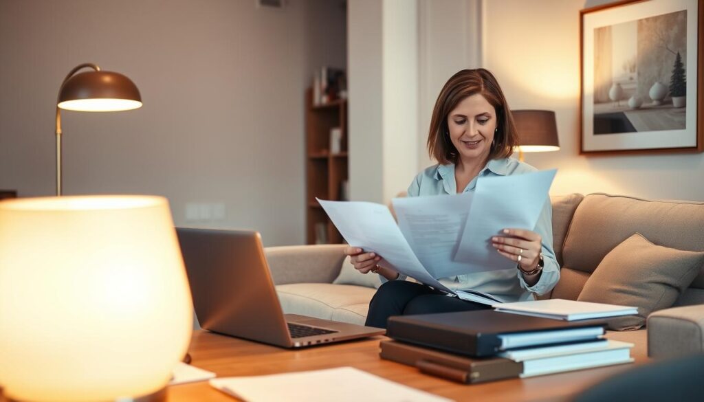A cozy apartment interior with a serene, minimalist aesthetic. In the foreground, a middle-aged woman sits on a plush sofa, reviewing tenant documents and financial records. Soft, diffused lighting from a floor lamp casts a warm glow, creating an atmosphere of professionalism and attention to detail. In the middle ground, a wooden desk holds a laptop, phone, and neatly organized folders, suggesting the organized nature of the property management process. The background features neutral-toned walls, a bookshelf, and a framed piece of abstract art, conveying a sense of sophistication and refinement. The overall scene captures the essence of responsible, effective tenant management in a residential setting.
