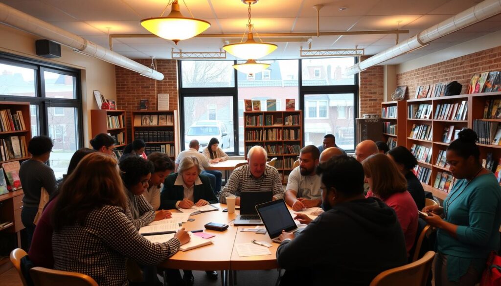 A cozy community center filled with diverse individuals engaged in financial literacy workshops. The foreground depicts a group of adults clustered around a large table, papers and laptops in hand, deep in discussion. Warm lighting from overhead fixtures casts a welcoming glow, while large windows in the middle ground offer views of an urban neighborhood outside. In the background, shelves of books and informational pamphlets line the walls, symbolizing the wealth of resources available. An atmosphere of collaborative learning and empowerment permeates the scene, reflecting the spirit of community financial education.