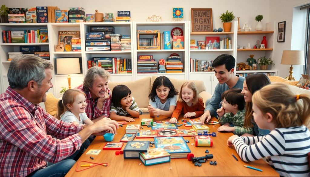 A cozy family game night scene. In the foreground, a diverse group of adults and children sit around a large wooden table, engaged in a lively board game, their faces alight with joy and friendly competition. The middle ground features shelves filled with an assortment of classic and modern board games, puzzles, and card decks, hinting at the wide variety of family-friendly activities. The background depicts a warm, inviting living room setting, with plush furniture, soft lighting, and personal mementos that suggest a comfortable, lived-in space. The overall atmosphere is one of togetherness, quality time, and the timeless appeal of family gaming.
