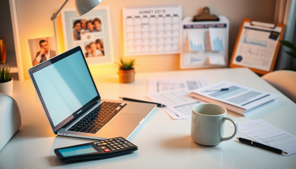 A cozy, well-organized home office with a clean, minimalist desk and a laptop, surrounded by carefully arranged personal finance documents, a calculator, and a mug of coffee. The lighting is warm and inviting, creating a sense of focus and productivity. In the background, a family photo and a calendar highlighting important budget deadlines. The overall atmosphere conveys a sense of financial responsibility and control, reflecting the concept of a balanced household budget.
