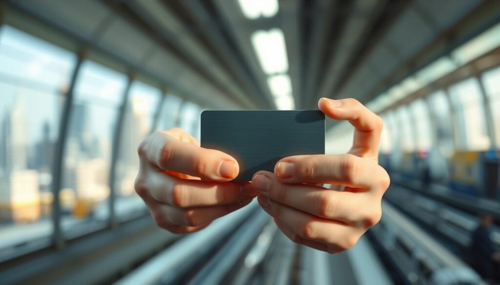 A crisp, well-lit image of a person's hands carefully handling a travel card, the card's surface gleaming in the soft, diffused lighting. In the background, a blurred cityscape with skyscrapers and transportation hubs suggests the card's purpose for safe, secure travel. The hands convey a sense of caution and attention to detail, emphasizing the importance of responsible card usage. The overall composition is clean, focused, and evokes a mood of security and prudence.