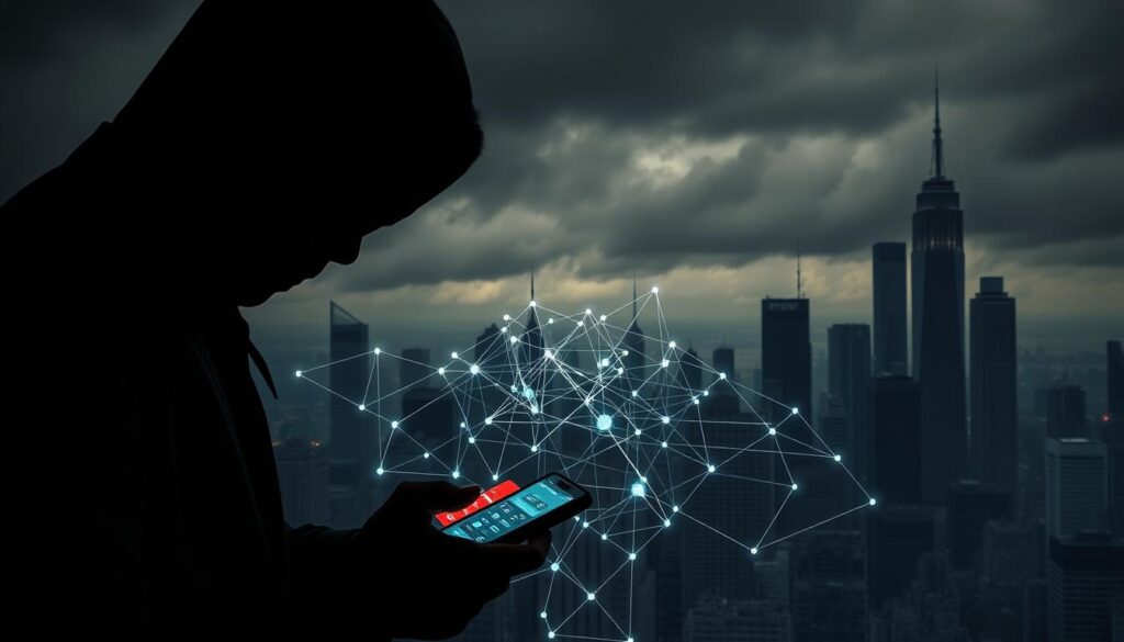 A dark, foreboding scene depicting the risks associated with personal finance apps. In the foreground, a shadowy figure looms over a smartphone screen, symbolizing the potential for data breaches and privacy violations. The middle ground features a tangled web of digital connections, representing the complex web of data sharing and third-party integrations that can expose users' sensitive financial information. In the background, a ominous, dystopian cityscape with towering skyscrapers and a gloomy, overcast sky sets the tone of unease and vulnerability. Dramatic chiaroscuro lighting casts dramatic shadows, heightening the sense of danger and unease. The overall mood is one of caution and trepidation, warning the viewer of the potential pitfalls that can arise from using personal finance apps without proper security measures in place.