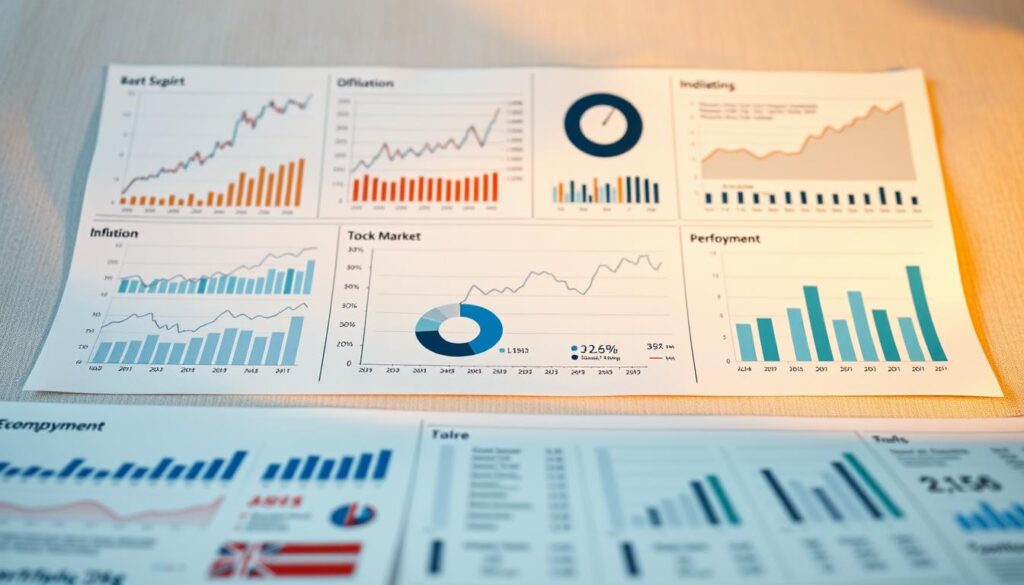 A detailed analysis of key economic indicators displayed on a clean, minimalist dashboard. The foreground shows various charts and graphs depicting metrics like GDP growth, inflation, unemployment, and stock market performance. The middle ground features a clean, neutral-toned table with carefully arranged data points. The background has a subtle texture suggestive of paper or fabric, creating a professional, report-like atmosphere. Soft, directional lighting casts a warm glow, highlighting the visual clarity and precision of the data visualization. The overall composition conveys an authoritative, yet accessible, overview of the current economic landscape.
