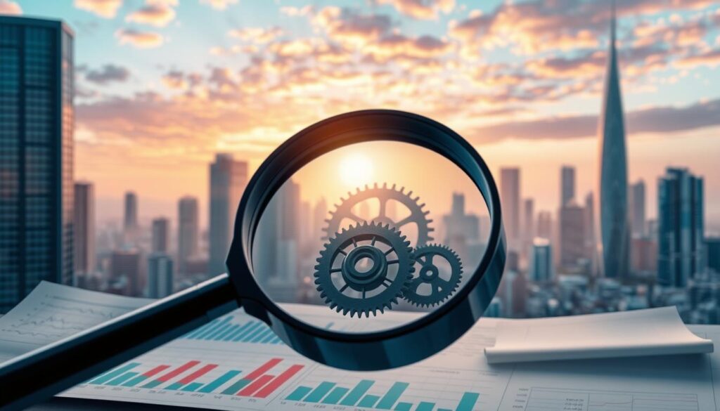 A detailed and meticulously crafted illustration depicting the concept of "risk management" through the lens of financial indicators. In the foreground, a magnifying glass hovers over a series of financial charts and graphs, highlighting the key data points that inform risk assessment. The middle ground features a complex network of interconnected gears, symbolizing the intricate mechanisms underlying financial decision-making. In the background, a serene cityscape with towering skyscrapers and a vibrant, sun-dappled sky sets the stage, conveying a sense of stability and growth amidst the dynamic financial landscape. The lighting is soft and directional, casting subtle shadows and highlights that add depth and dimensionality to the scene. The overall composition and color palette evoke a sense of professionalism, rigor, and strategic foresight, reflecting the importance of effective risk management in the world of finance. A detailed and meticulously crafted illustration depicting the concept of "risk management" through the lens of financial indicators. In the foreground, a magnifying glass hovers over a series of financial charts and graphs, highlighting the key data points that inform risk assessment. The middle ground features a complex network of interconnected gears, symbolizing the intricate mechanisms underlying financial decision-making. In the background, a serene cityscape with towering skyscrapers and a vibrant, sun-dappled sky sets the stage, conveying a sense of stability and growth amidst the dynamic financial landscape. The lighting is soft and directional, casting subtle shadows and highlights that add depth and dimensionality to the scene. The overall composition and color palette evoke a sense of professionalism, rigor, and strategic foresight, reflecting the importance of effective risk management in the world of finance.