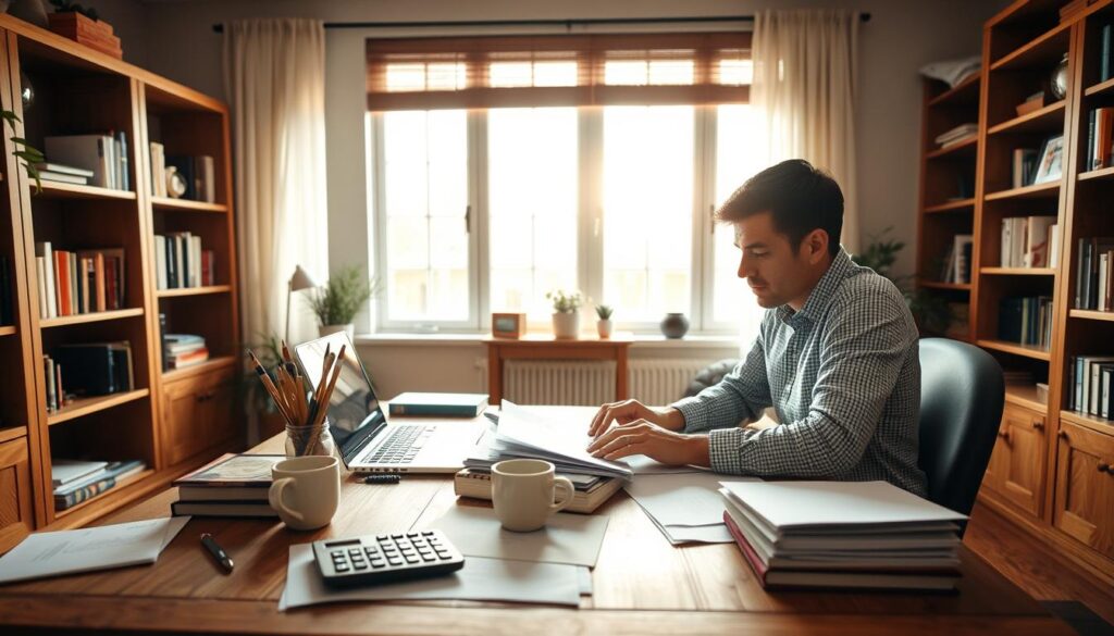 A detailed and organized family budget planning session, set in a cozy home office. A person sitting at a wooden desk, focused on a laptop and financial documents. Soft natural light filters through large windows, creating a warm, productive atmosphere. Neatly arranged office supplies, a calculator, and a cup of coffee on the desk. Bookshelves line the walls, providing a sense of thoughtfulness and structure. The overall scene conveys a sense of careful consideration, organization, and financial responsibility. A detailed and organized family budget planning session, set in a cozy home office. A person sitting at a wooden desk, focused on a laptop and financial documents. Soft natural light filters through large windows, creating a warm, productive atmosphere. Neatly arranged office supplies, a calculator, and a cup of coffee on the desk. Bookshelves line the walls, providing a sense of thoughtfulness and structure. The overall scene conveys a sense of careful consideration, organization, and financial responsibility.