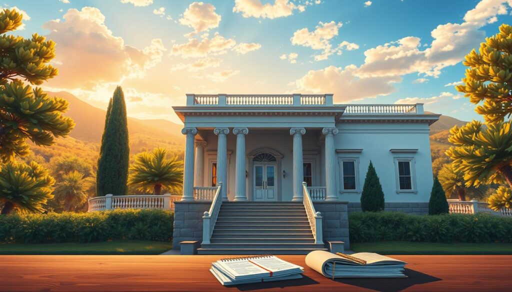 A detailed architectural illustration of a Greek house, depicting the concept of "φόρος κληρονομιάς" (inheritance tax). The scene features a stately, neoclassical-style residence set against a backdrop of rolling hills and a vibrant Mediterranean sky. The foreground showcases an imposing main entrance with ornate columns and a grand staircase leading up to the front door. Subtle financial documents and ledgers are visible on a table in the middle ground, symbolizing the administrative and legal aspects of inheritance planning. The background is filled with lush, verdant foliage and a warm, golden light, conveying a sense of tradition, wealth, and the cyclical nature of generational wealth transfer. The overall composition aims to visually represent the complex financial and emotional considerations surrounding inheritance tax in Greece. A detailed architectural illustration of a Greek house, depicting the concept of "φόρος κληρονομιάς" (inheritance tax). The scene features a stately, neoclassical-style residence set against a backdrop of rolling hills and a vibrant Mediterranean sky. The foreground showcases an imposing main entrance with ornate columns and a grand staircase leading up to the front door. Subtle financial documents and ledgers are visible on a table in the middle ground, symbolizing the administrative and legal aspects of inheritance planning. The background is filled with lush, verdant foliage and a warm, golden light, conveying a sense of tradition, wealth, and the cyclical nature of generational wealth transfer. The overall composition aims to visually represent the complex financial and emotional considerations surrounding inheritance tax in Greece.