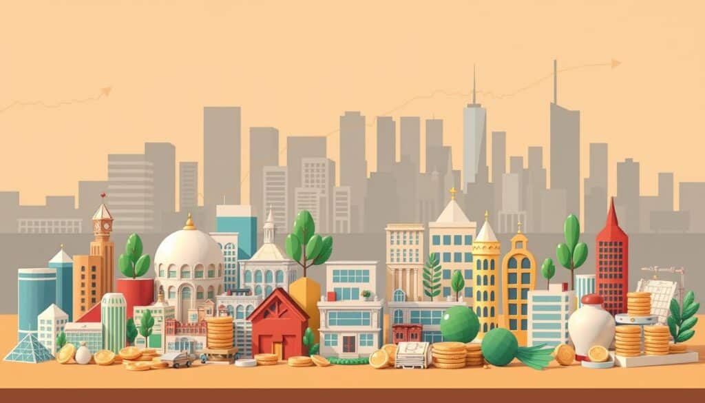 A detailed illustration of various investment types and strategies. In the foreground, a diverse portfolio of financial instruments including stocks, bonds, real estate, and alternative assets, all rendered in a clean, modern style with a focus on simplicity and clarity. The middle ground features a backdrop of city skylines and stock market graphs, creating a sense of the broader economic context. Warm, directional lighting casts subtle shadows, emphasizing the three-dimensional nature of the objects. The overall composition conveys a sense of financial stability, growth, and opportunity, suitable for an educational guide on effective investments.