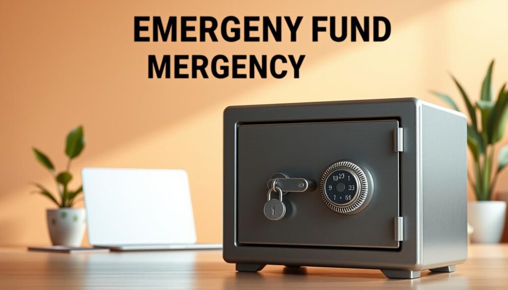 A digital illustration of an emergency fund, depicted as a sturdy, well-constructed safe with a combination lock against a backdrop of a serene, minimalist home office. The safe is prominently displayed in the foreground, its metallic surfaces gleaming under soft, diffused lighting. The middle ground features a tidy workspace with a laptop, stationery, and a potted plant, conveying a sense of financial order and control. The background showcases a warm, neutral-toned wall, creating a calming, professional atmosphere. The overall composition emphasizes the importance of maintaining a secure emergency fund as part of responsible debt management and financial well-being.