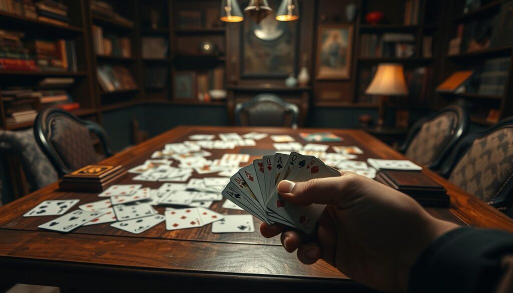 A dimly lit, cozy game room with a wooden table in the center. On the table, various playing cards are fanned out, showcasing a diverse range of card game strategies. In the foreground, a hand holds a few cards, highlighting the decision-making process. The background is filled with bookshelves and vintage gaming paraphernalia, creating an atmosphere of intellectual engagement and strategic thinking. Soft, warm lighting casts a contemplative glow, emphasizing the focus and intensity of the card game session. The image conveys a sense of concentration, strategy, and the thrill of outsmarting one's opponents in a classic, timeless setting.